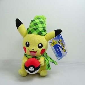 Pikachu Pokemon Green Plaid Santa Hat Plush 10" Christmas New Pokeball Winter